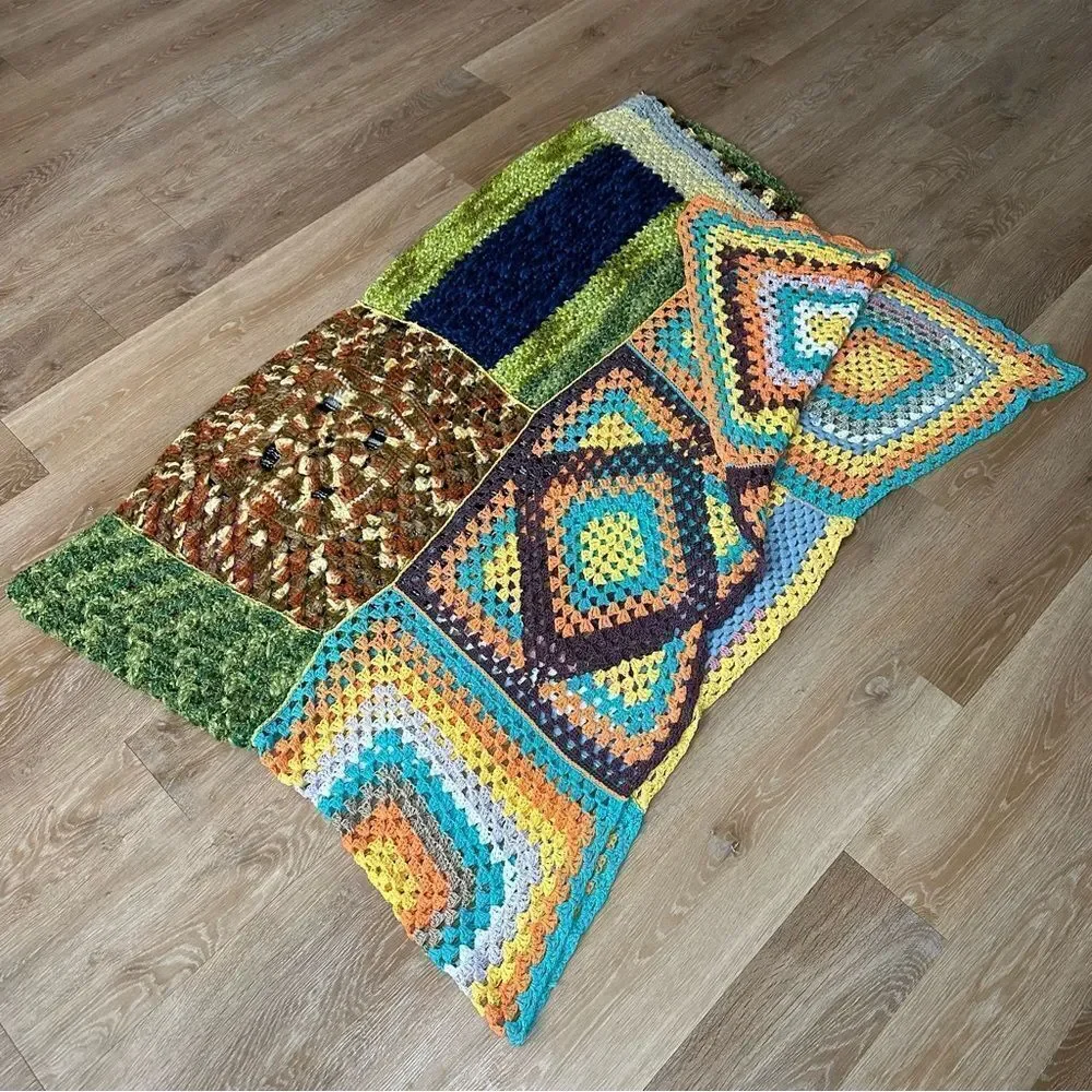 Large Handmade Granny Long Crochet Boho Multicolor Throw Blanket